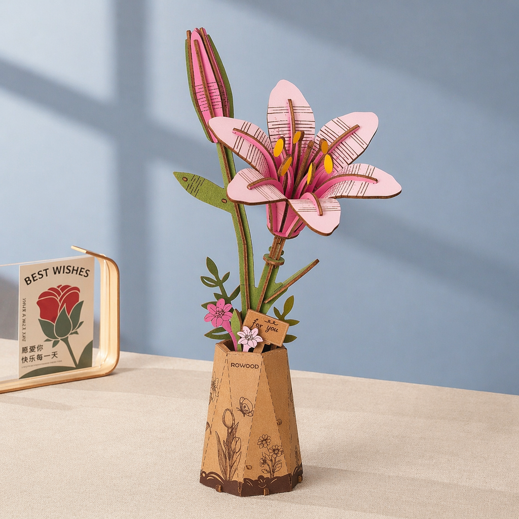 ROWOOD Pink Lily — Flor de Madera Decorativa | 73 Piezas
