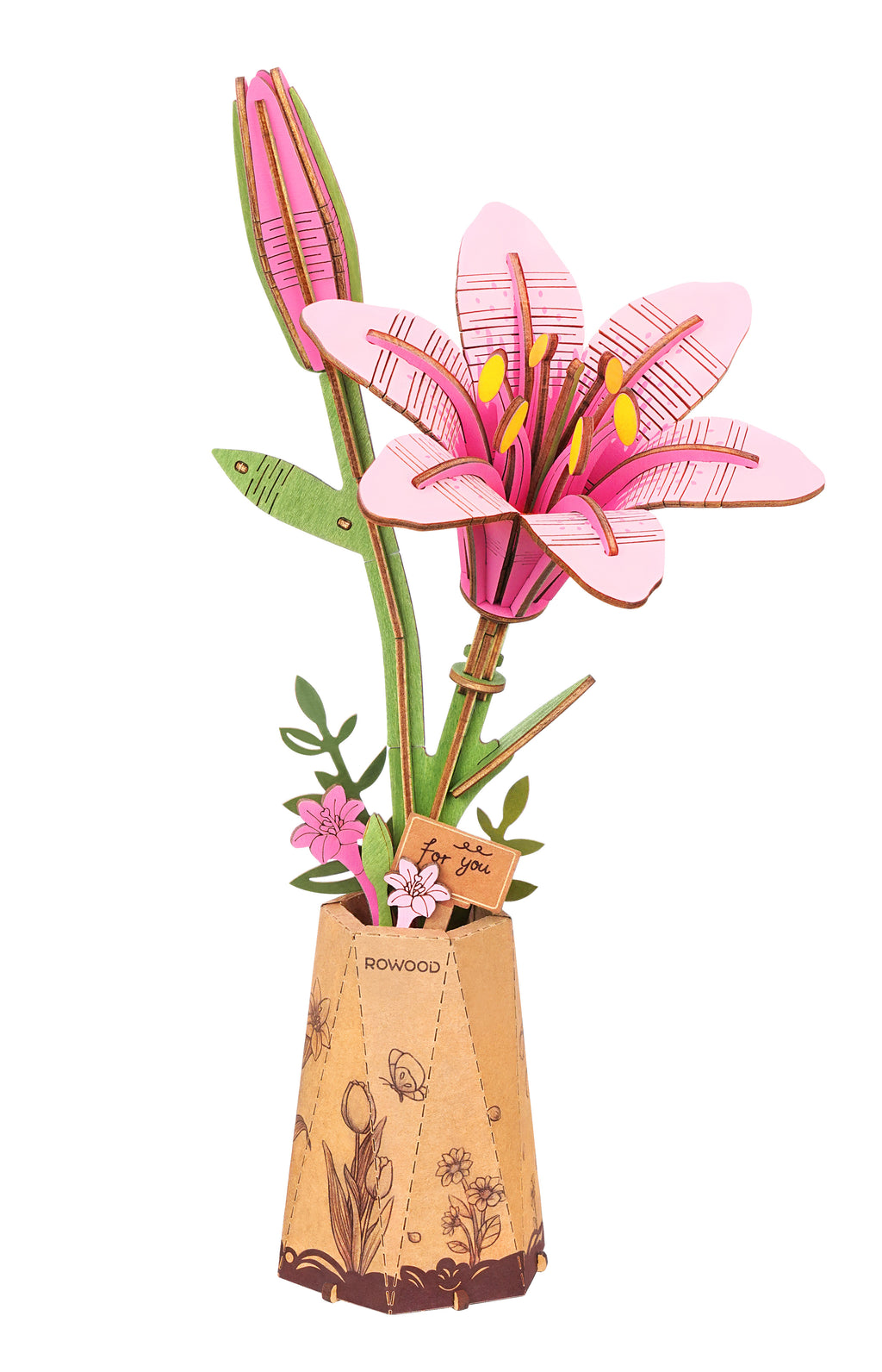 ROWOOD Pink Lily — Flor de Madera Decorativa | 73 Piezas