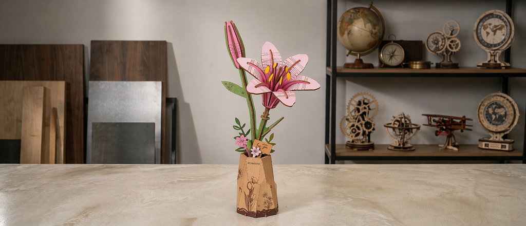 ROWOOD Pink Lily — Flor de Madera Decorativa | 73 Piezas